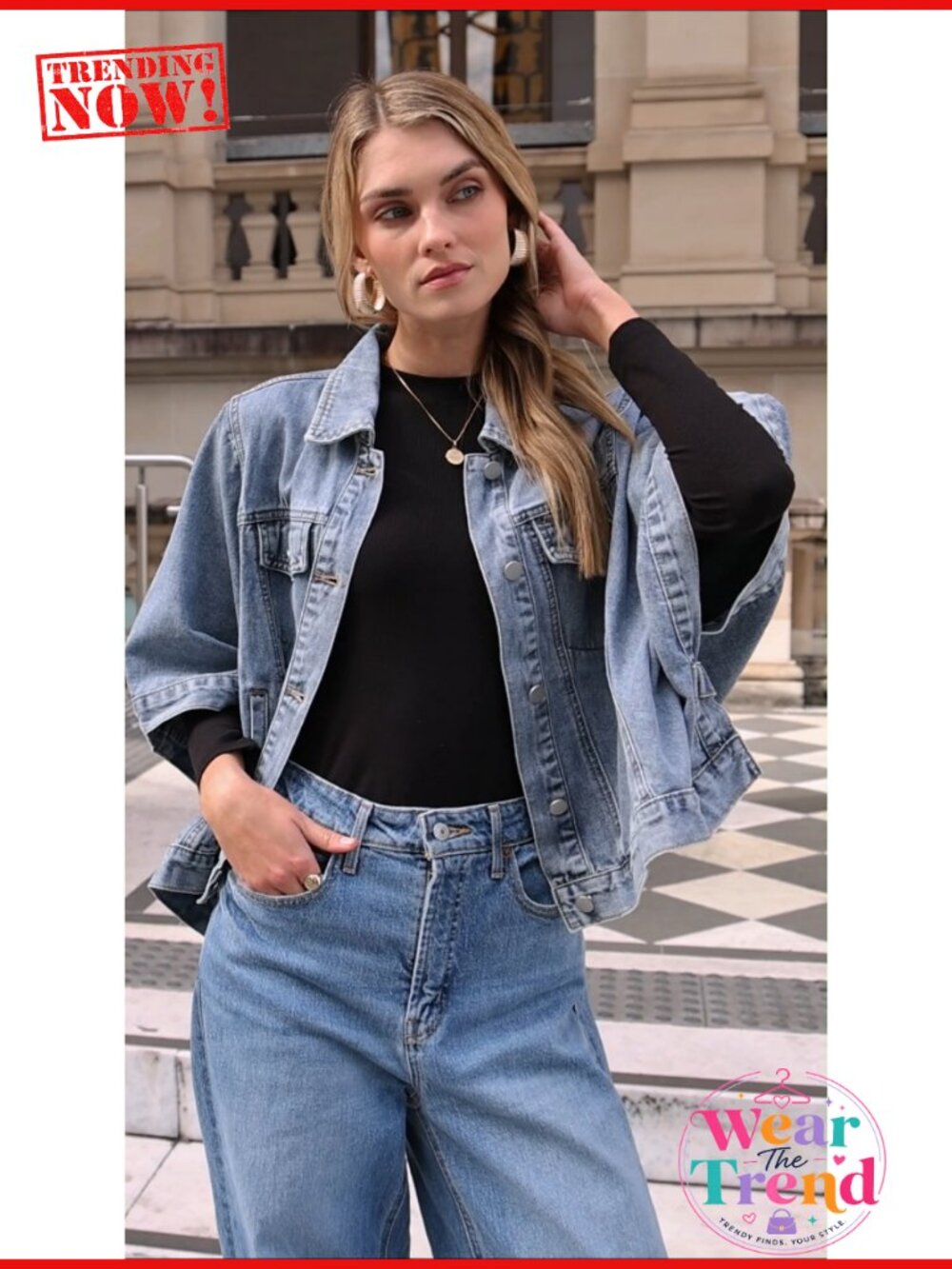 Oversized Cropped Denim Cape Jacket Button Down Half Sleeve Chest Pockets Loose - Picture 6 of 6